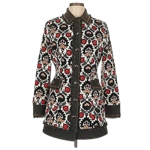 Etcetera Floral Velvet jacket Fringe Denim Size 4 tapestry boho FP - Picture 1 of 16